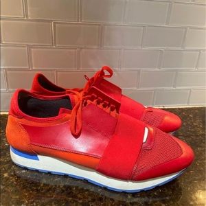 Men’s 

BALENCIAGA
Mesh Calfskin Neoprene Mens Race Runner Sneakers 43 Red Flame